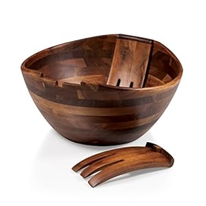 PICNIC TIME Fabio Viviani Mescolare Large Salad Bowl with Integrated Serving and Tossing Tools, (Acacia Wood), 13.25 x 12.75 x 6.5