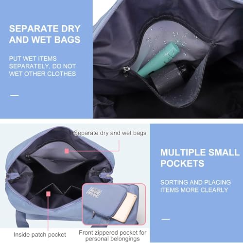 Image of Large Capacity Folding Travel Tote Bag, Oxford Fabric Waterproof Lightweight Foldable Travel Duffel Bag, Portable Expandable Travel Bag, Dry and Wet Separation Carry On Bag for Airplanes (Light Blue)