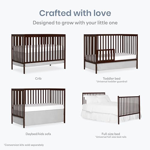 Image of Dream On Me Synergy 5-in-1 Crib, Toddler Bed in Espresso | BSA Verified, ASTM & CPSC Tested, 3-Position Mattress Support, Converts to Toddler, Day and Full Size Bed, 50 Lb, Espresso