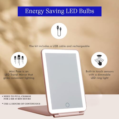 Image of Prime Pick Glow Pro Travel Vanity Mirror Rechargeable Makeup Mirror LED Light 3 Color Lighting Dimmable Touch Control Portable Beauty Cosmetic Mirror for Women Pink