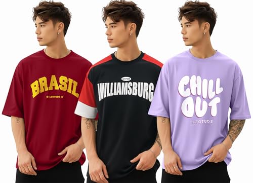 Image of LEOTUDE Men Polycotton Classy Look Regular Fit Round Neck Half Sleeve Tshirt| Colorful Oversized Fit T-Shirt for Mans