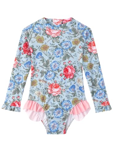 Image of Baby Toddler Girl Long Sleeve Ruffle Swimsuit One Piece Zipper Rash Guard Bathing Suit with UPF 50+ Sun Protection