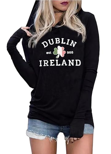 Susongeth St Patrick's Day Hoodie for Women Irish Shamrock Graphic Shirt Funny Lucky Clover Long Sleeve Hoodie Pullover Tops（Black-5，XXL