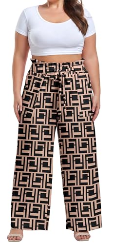 Image of OLRIK Women's Plus Size Pants Adjustable High Waisted Wide Leg Palazzo Pants Casual Trousers with Pockets Spring Clothes