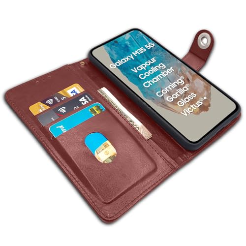 Image of Pikkme Flip Cover Leather Finish | Inside TPU with Card Pockets | Wallet Stand and Shock Proof | Complete Protection Button Flip Case for Samsung Galaxy M35 5G (Brown)