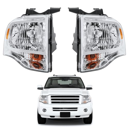 PENSUN Headlight Assembly Fit For Ford Expedition 2007-2014 OE Style Chrome Housing with Amber Reflector Halogen Headlamp Replacement with Bulbs Included Driver & Passenger Side