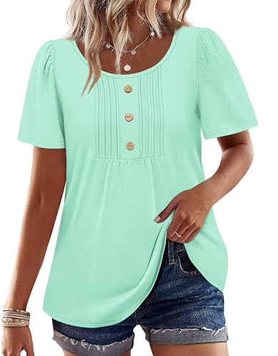 Image of Womens Tops Dressy Casual Blouses Short Sleeve Shirts Plus Size Fashion Clothing Spring Summer Outfits Button Pleated Front