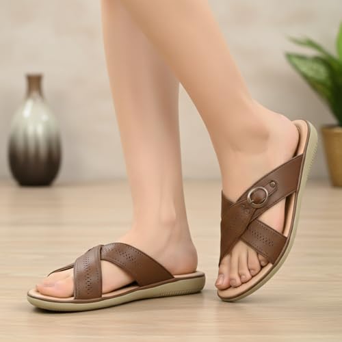 Image of SELBRO Women's Comfort Slip-On Sandals - Lightweight Criss-Cross Strap Flats with Laser-Cut Detail and Cushioned Footbed - Stylish Everyday Walking Flats SAR-CHD126