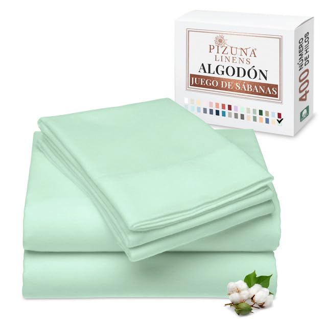 Pizuna 400 Hilos Juego Sábanas de Menta Verde para Cama de 135x200+40, 4 Piezas Juego de Cama de Algodón 100% Largo Incluye 1 Sábana Ajustable,1 Sábana Plana y 2 Fundas de Almohada