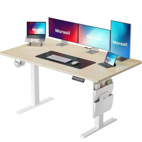 Image of Marsail Electric Standing Desk Adjustable Height Home Office Desks 55 inchx28 inch with Storage Bag,Sit Stand up Desks for Study,Writing,Work Computer 4 Memory Preset with Headphone Hook