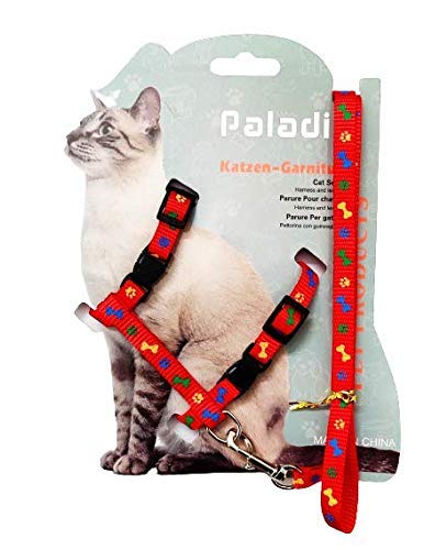 Pet Monastry Cat Adjustable Nylon Harness Strap Collar with Leash Set Small Pet Walking Body Harness Set for Cats and Kitten (Red, Printed)