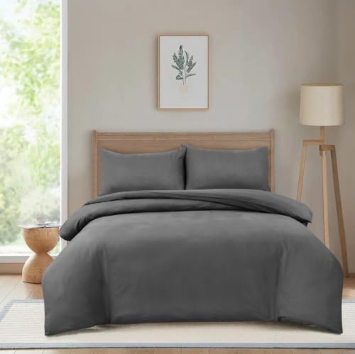 Hadi London Parure de lit en microfibre brossée douce et respirante avec housse de couette et 2 taies d'oreiller assorties (gris, simple)