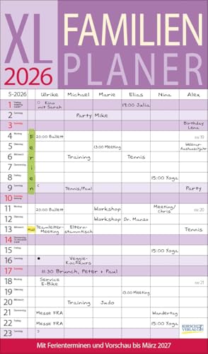XL Familienplaner 2026: Familienkalender mit 6 breiten Spalten. Hochwertiger Familientimer mit Ferienterminen, extra Spalte, Vorschau bis März 2027 und nützlichen Zusatzinformationen.