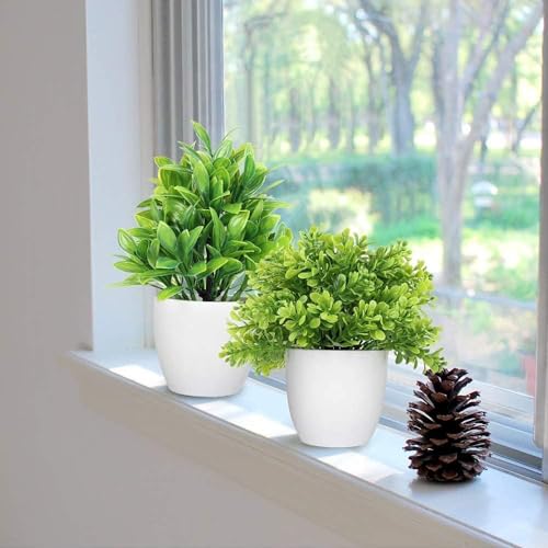 Image of Dekorly Plastic Artificial Plants Small Fake Potted Plants, Mini Eucalyptus Potted Faux Decorative Grass Plant with White Pot for Home Decor, Indoor, Office, Desk, Shelf, Table Decoration (Green-3)