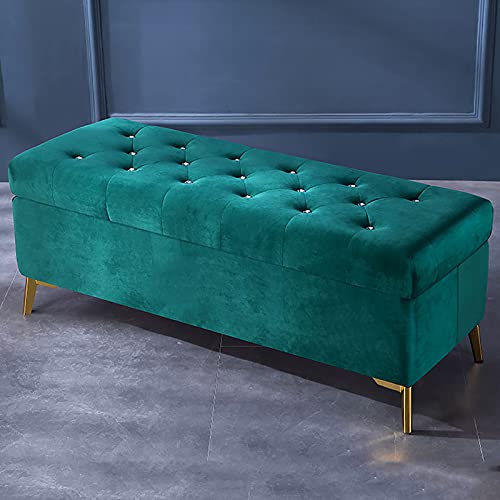 Luxueux Cristal Bouton Rangement Ottoman Banc,Velours Rembourrés Fin du Lit Banc,Moderne Décoration Meubles Salon Repose-Pied Entrée Banc à Chaussures-Vert 90x42x45cm(35x17x18inch) Cover