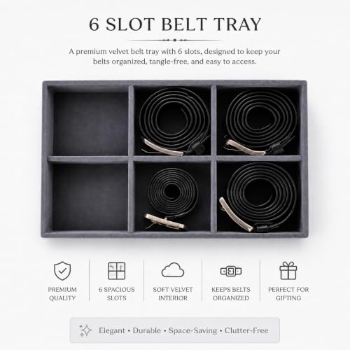 Image of 6 Slot Belt Organizer Tray for Men, Grey | Stackable tray keeps formal, casual and leather belts arranged neatly in wardrobe, closet, drawer, dresser or dressing table