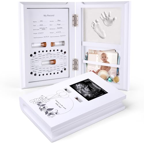 Image of Baby Memory Book,Pregnancy Journal Milestone Cards Newborn Keepsake,Baby's Handprint or Footprint Ultrasound Keepsake Picture and Tooth Fairy Box Fetal Hair Container Multipurpose Wooden Frame Kit