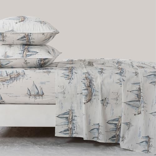 Image of FADFAY Premium 100% Cotton Sheet Set Twin - Coastal Nautical Sailboat Bedding, Soft Gray Seaside Harbor Print, Soft Breathable Cooling Bed Sheets, Deep Pocket Luxury Coastal Bedding 4 Piece