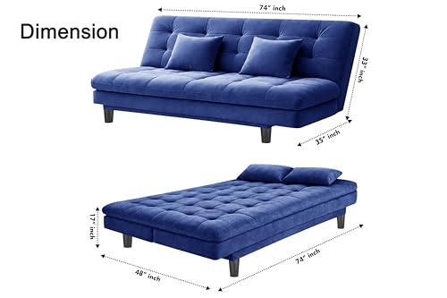 Image of 3-Seater Velvet Sofa Cum Bed, Tufted Convertible Sleeper Couch, Space-Saving Design, Comfortable Cushioned Seating - Blue