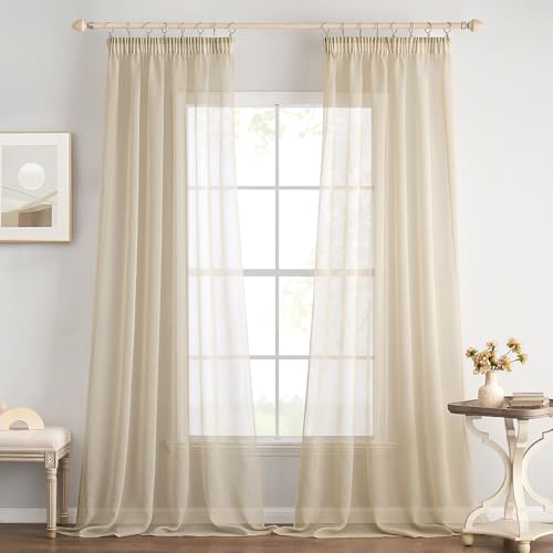 EMEMA Voile Sheer Curtains with Ribbon for Curling Transparent Polyester Scarf Goggle Scarf Decorative Airy for Bedroom 2 Pieces 140 x 215 cm Light Khaki