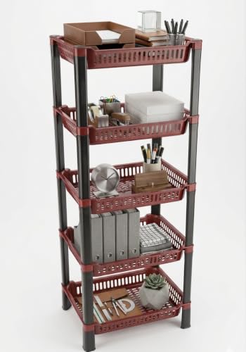 Image of U-Max Multi Tire Kitchen Storage Rack, Plastic Utility Shelf Organiser, Space Saving Storage Solution, Revolving Vegetable Rack (Maroon, 5)
