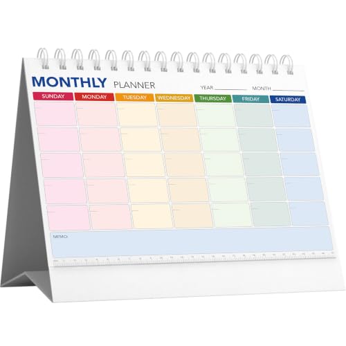 Desk Monthly Planner Stand, Undated Spiral-Bound Monthly Calendar, 12-Page Color-Coded Weekly Planner Pages with Memo Sections, Foldable Tri-Fold Desktop Daily Calendar