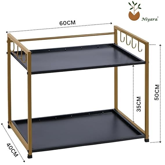 Image of Niyara Multipurpose 2-Tier Microwave Oven Stand Rack | Heavy Duty Metal Kitchen Storage Shelf Organizer with Side Hooks for Utensils, Jars & Appliances (black with gold)