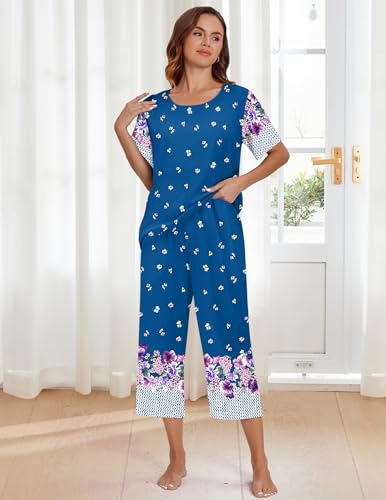 Image of Ekouaer Women's Two Piece Lounge Set Short Sleeve Shirt and Capri Pants Mumu Pajama with Pockets Loungewear Pjs Sets