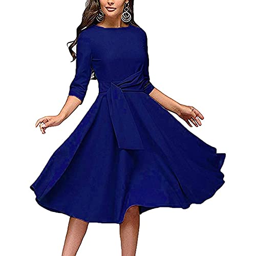 OutTop01 Vintage A-Line Dress for Women Half Sleeve O-Neck Elegant Solid Dress Casual Party Cocktail Swing Dresses with Belt (Blue, XL)