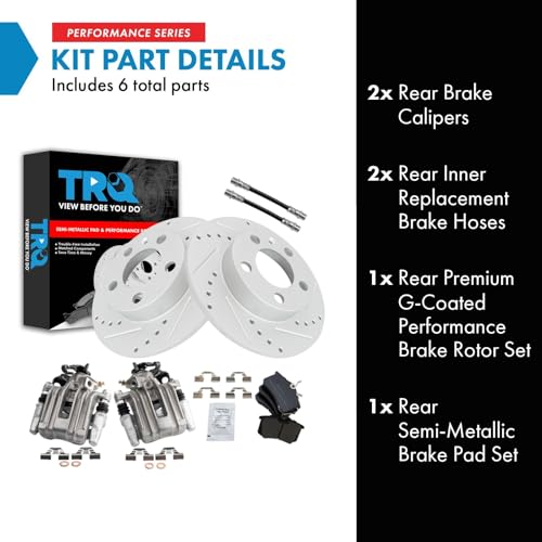 Image of TRQ Performance Rear Brake Pad and Rotor Set Semi Metallic Drilled Slotted Coated Rotors Calipers Compatible with 2007-2010 Volkswagen Beetle 1999 Golf