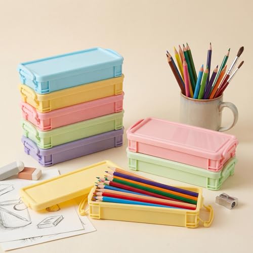 Image of Gueevin Large Capacity Plastic Pencil Box Clear Plastic Pencil Case Crayon Box with Snap Tight Lid Watercolor Pen Storage Brush Organizer Drawing Tools Container (Macaron Colors,12 Pcs)