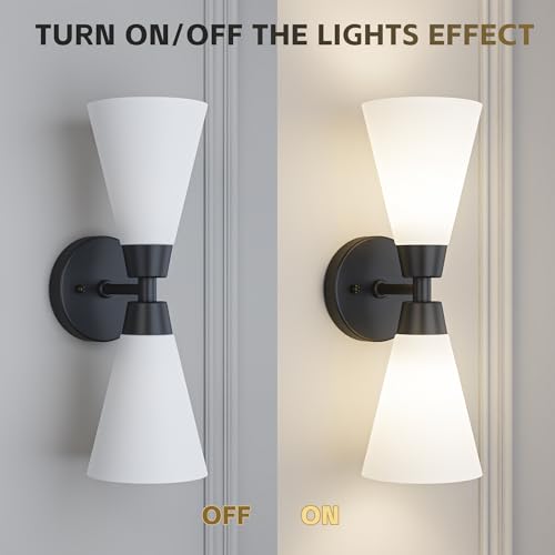 Image of Bathroom Sconces Set of 2, Matte Black Wall Sconces Set of Two, Bathroom Vanity Light with Milk Glass Shade, Modern Wall Light Fixtures for Bath Mirror Hallway Bedroom Living Room Kitchen, Hardwired