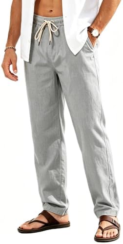 FizzPop Leinenhose Herren Lang Leichte Sommerhose Loose Fit Freizeithose mit Taschen Gummizug Kordelzug für Urlaub Strand Yoga