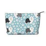 Fondo de Perro Pastor inglés Antiguo con Huellas Dibujadas a Mano. Lindo Dibujo Animado.,Neceser de Pana, Neceser de Maquillaje portátil, Neceser de Viaje