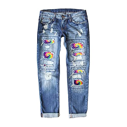 Womens Boyfriend Jeans Mid Waist Ripped Hole Colorful Tie-Dye Print Patch Straight Trousers Denim Pants