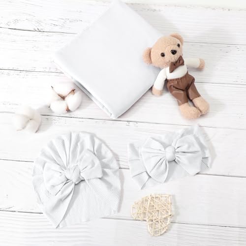 Image of DRESHOW BQUBO Baby Girl Newborn Receiving Blankets with Bow Hat Headband Wooden Birth Announcement Card Set Newborn Baby Swaddle Wrap Set Warm Shower Gift