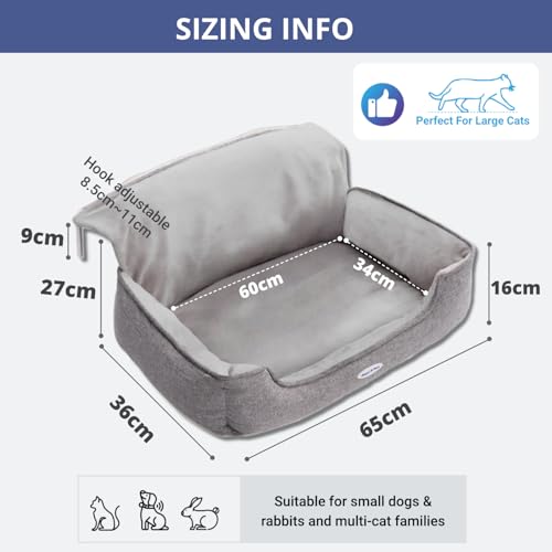 Happi N Pets Großes Katzenbett für Heizung, warmes und stabiles Sitzteil für große Katzen mit waschbarer Plüschbezug, verstellbaren Metallhaken, bequemer Hängematte, grau