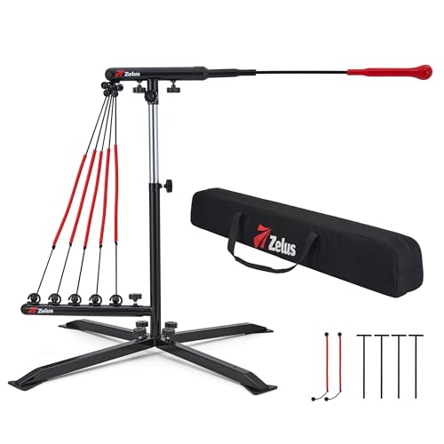 Zelus Baseball Swing Trainer with 5 Resistance Levels, 31-45 in Height Adjustable Baseball Hitting Trainer for All Ages, Auto Reset Softball & Baseball Training Equipment with Metal Stakes & Carry Bag