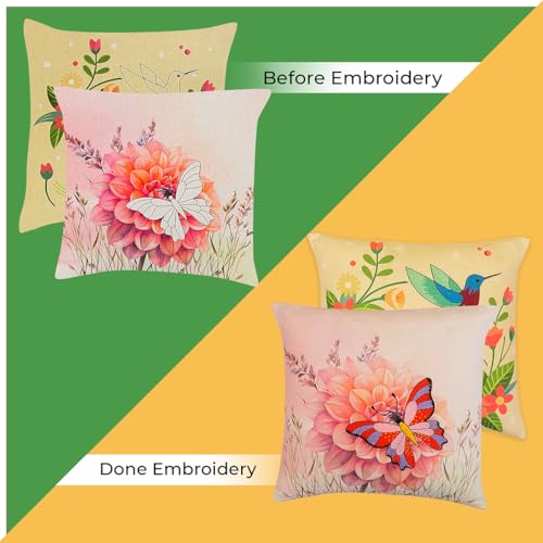 Image of picknMAKE Pack of 2 DIY Cushion Cover Hand Embroidery Kit for Beginners & Adults | 16 inchx16 inch Cross-Stitch Pillow Covers with Printed Fabric, Threads, Needle & More | All Materials Included