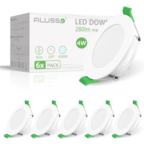 ALUSSO Foco Empotrable LED 4W 280LM, Cool White 6500K Focos De Techo, 30mm Ultra Slim Cutout Φ55 68MM Focos, Ángulo de haz 120 ° Ronda Spots IP44 para Baño Dormitorio Cocina, 6 Pack