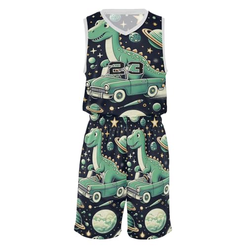 FLildon Space Dinosaurs Green Boys Basketball Jersey Set Tank Top Shorts Tracksuit Sport Training Suit for Kids, M