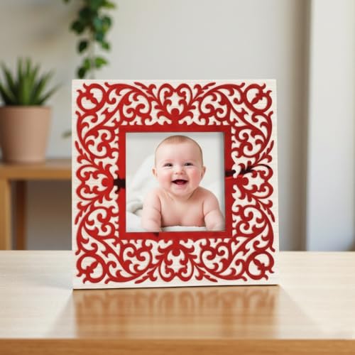 Image of Square Photo Frame 23 x 23 cm Wooden Decorative Picture Frame with Floral Laser Cut Border, Clear Acrylic Front, Wall & Tabletop Photo Frame for Home Decor, Birthday, Anniversary & Baby Photo Gift