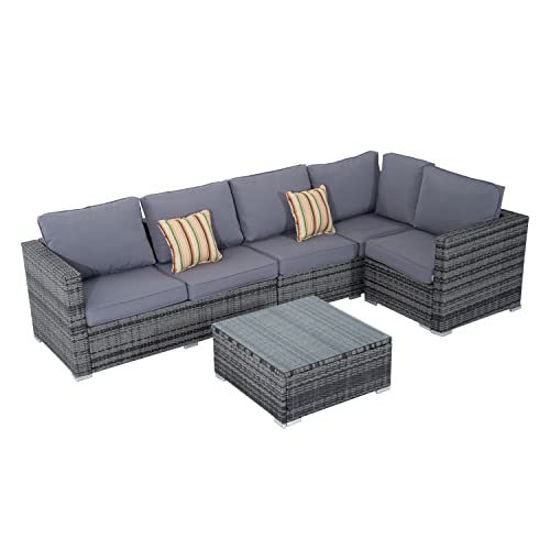 Outsunny 4 Pieces Rattan Garden Furniture Set, Wicker Outdoor Furniture Set with Corner Sofa Loveseat Coffee Table Cushions, Conservatory Furniture Set for Patio Balcony, Grey