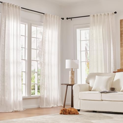 Image of jinchan White Floral Linen Curtains for Living Room 84 inch Back Tab 2 Panels