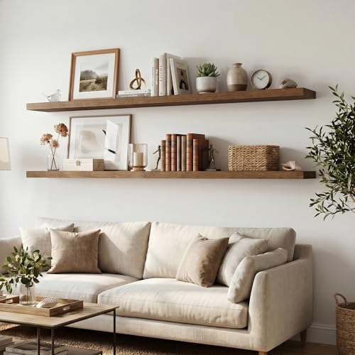 Image of Fun Memories 12 Deep Floating Shelves for Wall, 55W x 12D Extra Large Floating Shelves Set of 2, Hanging Wood Wall Shelves for Living Room, Kitchen, Bedroom, Farmhouse, Laundry Room, Office - Walnut
