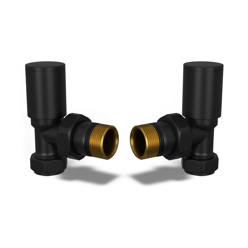 UK Radiators Round Black Radiator Valve Pair - Black Matt Finish - Classy and Modern Design 1/2" x 10mm Angled Radiator Valve Pair - Pair of Valves