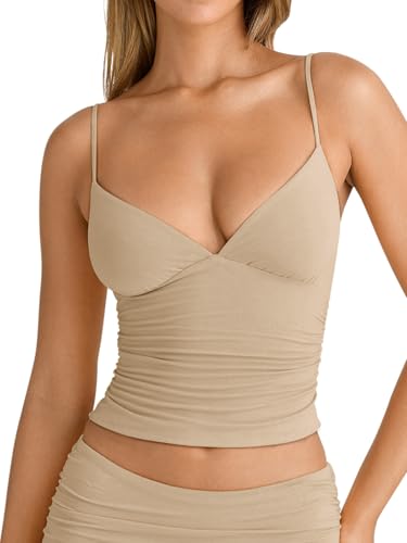 Image of PINKMSTYLE Women's Sexy V Neck Ruched Cami Top Sleeveless Spaghetti Double Layer Fitted Crop Tank Tops