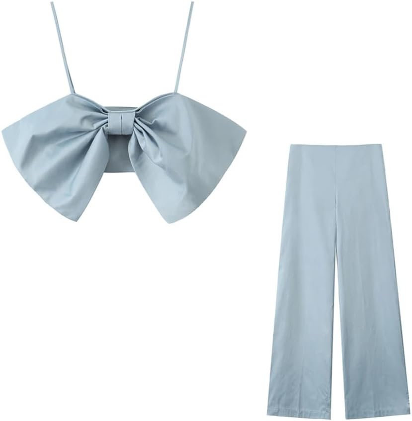 Women's Solid Color Casual Mini Bow Suspender Top And Trousers Two-Piece Set sets S
