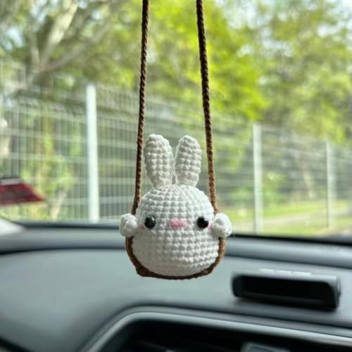 Image of Crochet Swinging Bunny Car Mirror Hanging Accessories, Cute Car Decorations for Women Aesthetic, Handmade Knitted Rearview Mirror Car Accessories Home Office Car Mirror Decor