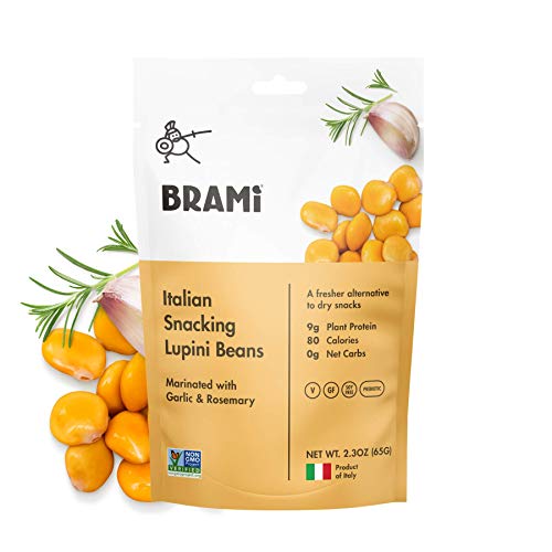Simply Pickled Lupini Beans Snack by BRAMI | 9g Plant Protein, 0g Net Carbs | Vegan, Vegetarian, Keto, Mediterranean Diet, Non Perishable | 2.3 oz (Garlic & Rosemary)
